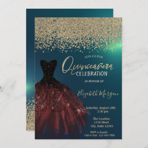 Invitation Diamants d'or, Robe élégante Quinceanera verte