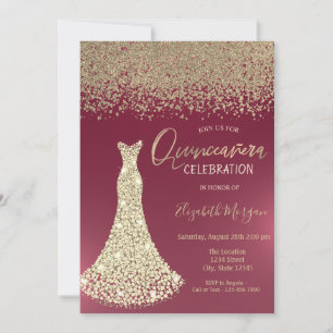 Invitation Diamants d'or robe Quinceanera rouge