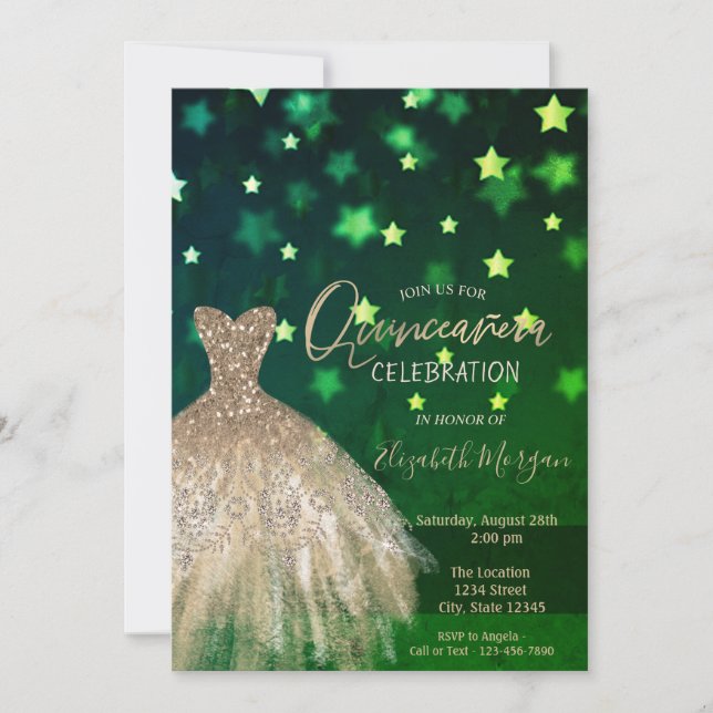 Invitation Diamants d'or, Stations de robe Green Quinceañera (Devant)
