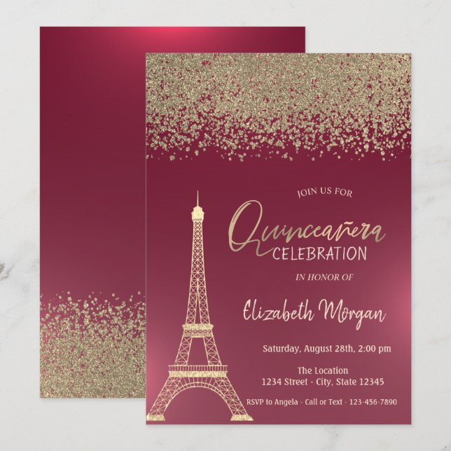 Invitation Diamants d'or, Tour Eiffel Quinceanera Rouge (Devant / Derrière)