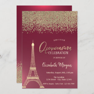 Invitation Diamants d'or, Tour Eiffel Quinceanera Rouge