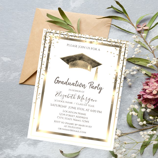 Invitation Diamants dorés, cadre, chapeau de graduation aquar (Créateur téléchargé)