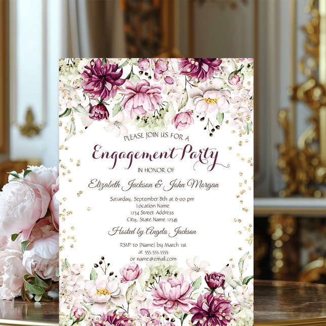 Invitation Diamants Dorés Fleurs Roses Fiançailles (Créateur téléchargé)