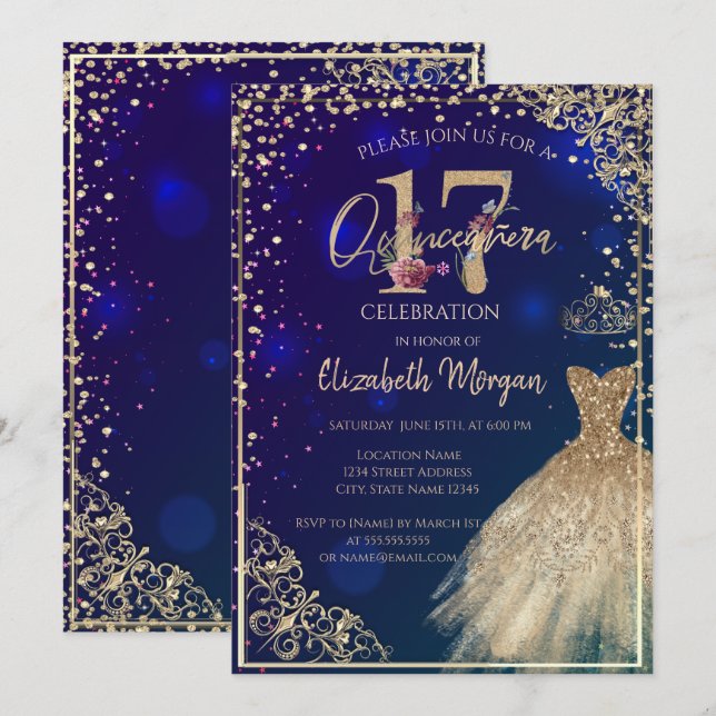 Invitation Diamants dorés Floral bleu Quinceañera (Devant / Derrière)
