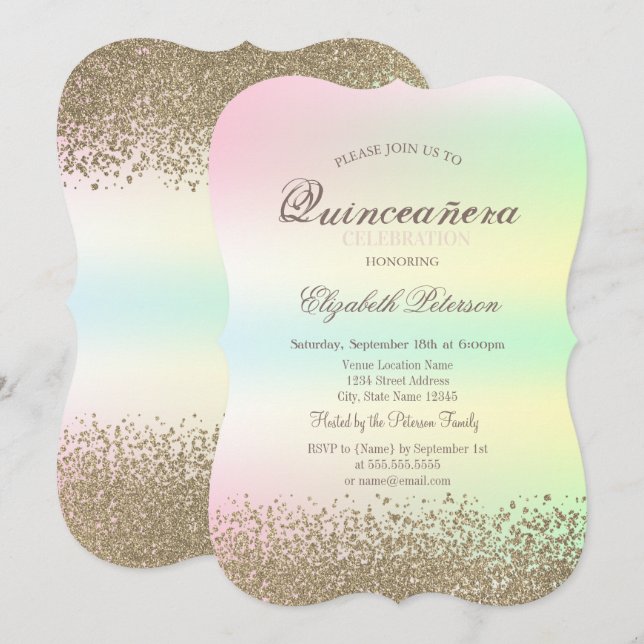 Invitation Diamants dorés modernes iridescents Faux Quinceañe (Devant / Derrière)