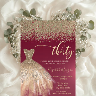 Invitation Diamants dorés, robe élégante bordeaux 30ème anniv