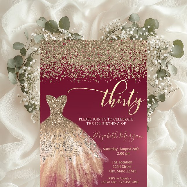 Invitation Diamants dorés, robe élégante bordeaux 30ème anniv (Créateur téléchargé)