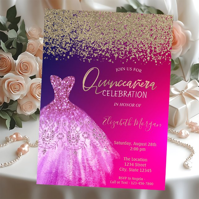 Invitation Diamants dorés, robe élégante et chic Quinceañera (Créateur téléchargé)