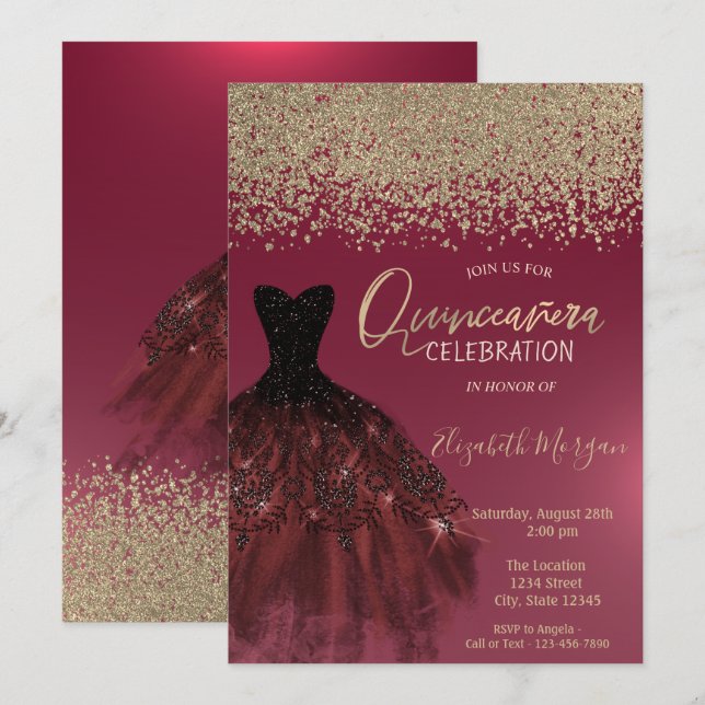 Invitation Diamants dorés, Robe élégante rouge de Quinceanera (Devant / Derrière)