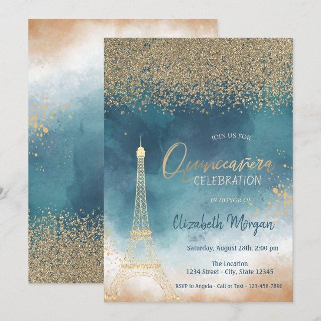 Invitation Diamants dorés,Tour Eiffel Peinture ÉclaboussureQu (Devant / Derrière)