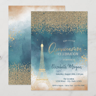 Invitation Diamants dorés,Tour Eiffel Peinture ÉclaboussureQu