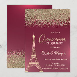 Invitation Diamants dorés, Tour Eiffel, Quinceañera rouge