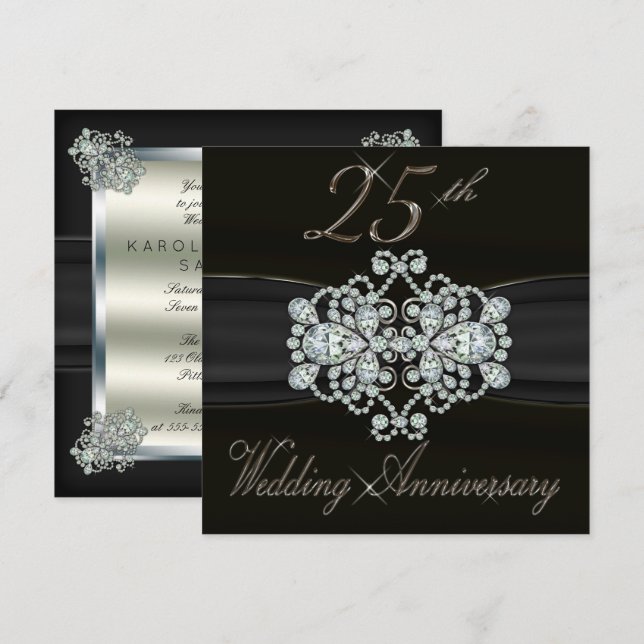 Invitation Diamants Élégants 25e Anniversaire de Mariage Arge (Devant / Derrière)