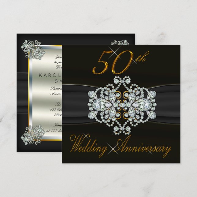 Invitation Diamants Élégants 50e Anniversaire de Mariage d'Or (Devant / Derrière)