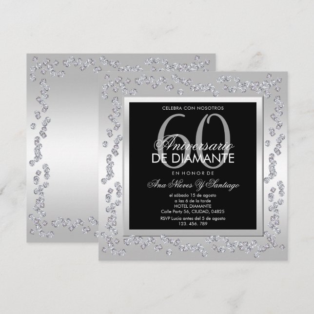 Invitation Diamants Élégants Argent 60e Anniversaire de Maria (Devant / Derrière)