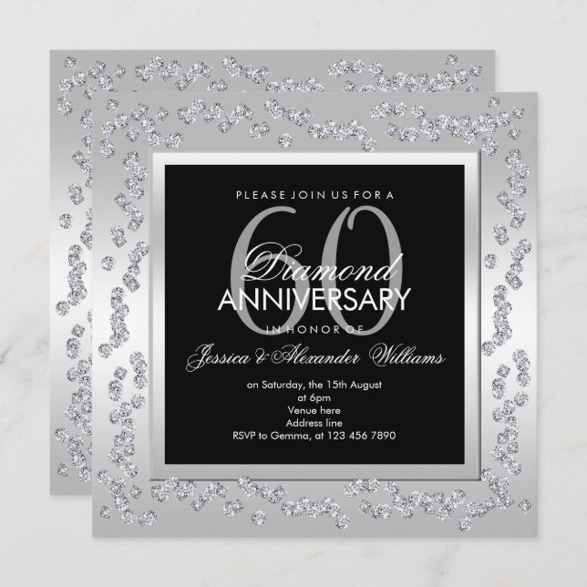 Invitation Diamants élégants Argent 60e anniversaire de maria (Devant / Derrière)