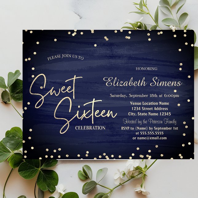 Invitation Diamants Élégants Bleu Marine Or Script Sweet 16 (Créateur téléchargé)