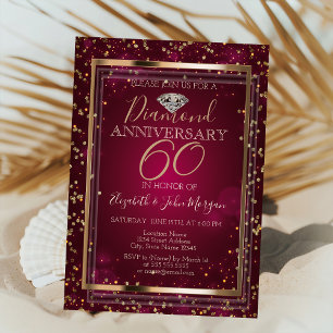 Invitation Diamants élégants, cadre rouge de mariage et d'ann