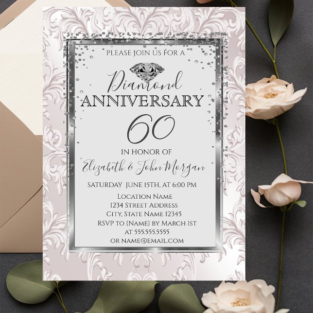 Invitation Diamants élégants Damassé  Mariage Anniversaire (Créateur téléchargé)