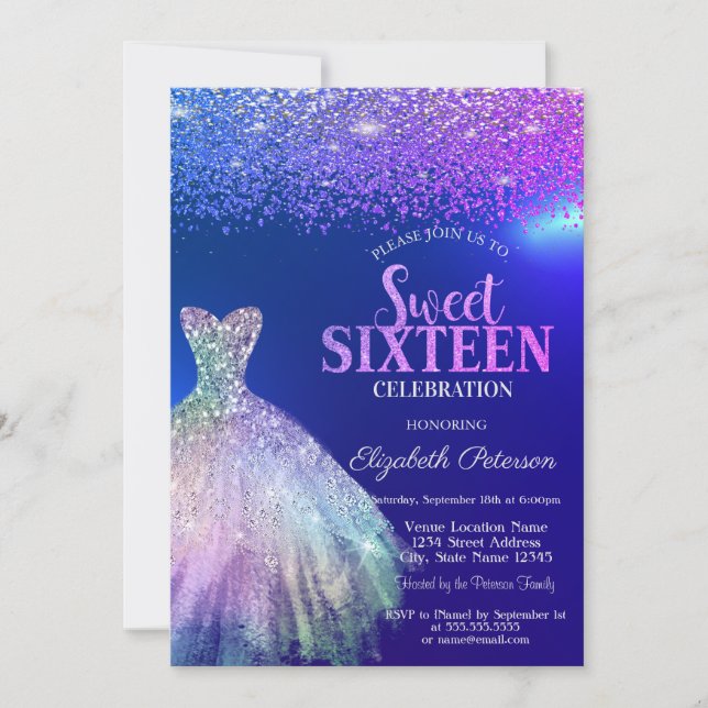 Invitation Diamants élégants, Robe Bleu Doux 16 (Devant)