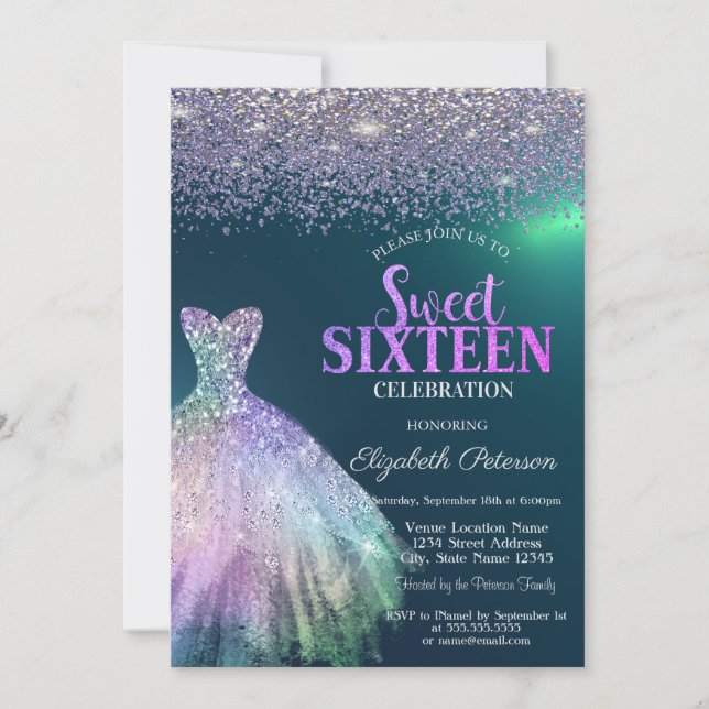 Invitation Diamants Élégants, Robe Verte Douce 16 ans (Devant)