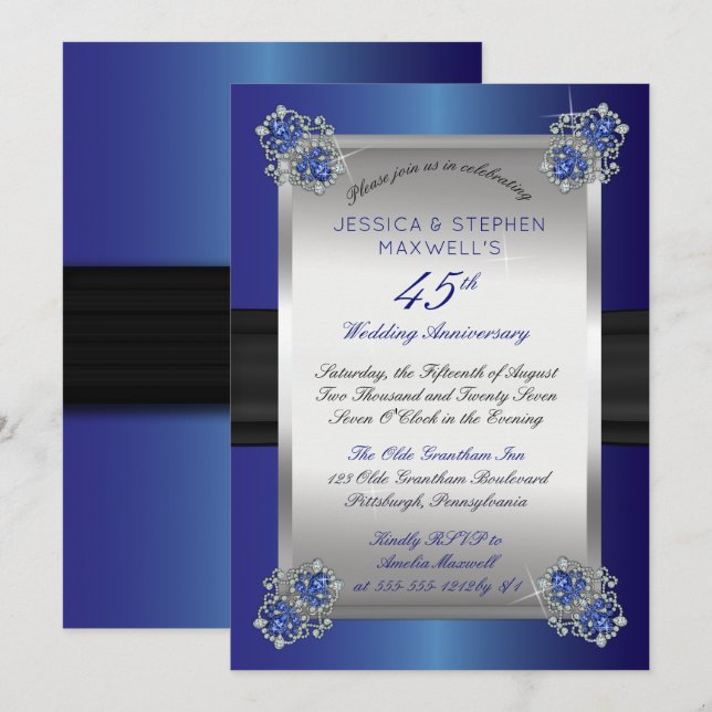 Invitation Diamants élégants Saphirs Bleu 45e Anniversaire (Devant / Derrière)