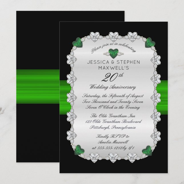 Invitation Diamants Émeraudes Vert 20e Anniversaire de Mariag (Devant / Derrière)
