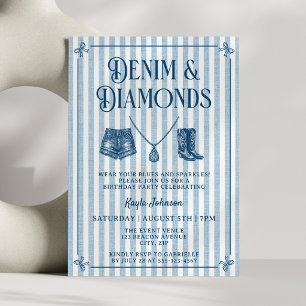 Invitation Diamants en Denim Cowgirl Côtière Prépa Rayure Nœu