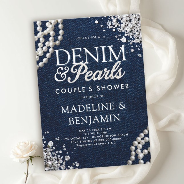 Invitation Diamants en Denim Perles Couple Blue Shower Blanc (denim diamonds pearls wedding shower invitations template couple bridal western country chic)