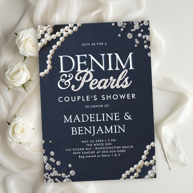 Invitation Diamants en Denim Perles Mariage Champêtre Couple (denim diamonds pearls wedding shower invitations template couple bridal western country rustic)