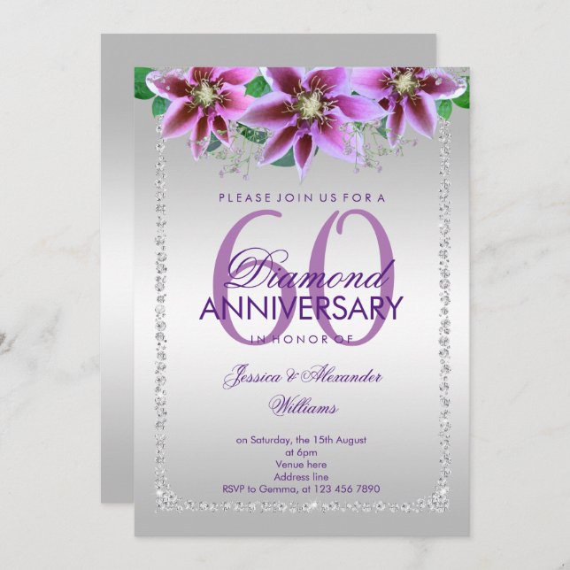 Invitation Diamants et Fleurs Élégants 60e Anniversaire de Ma (Devant / Derrière)
