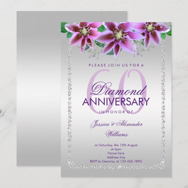 Invitation Diamants et Fleurs Élégants 60e Anniversaire de Ma (Devant / Derrière)