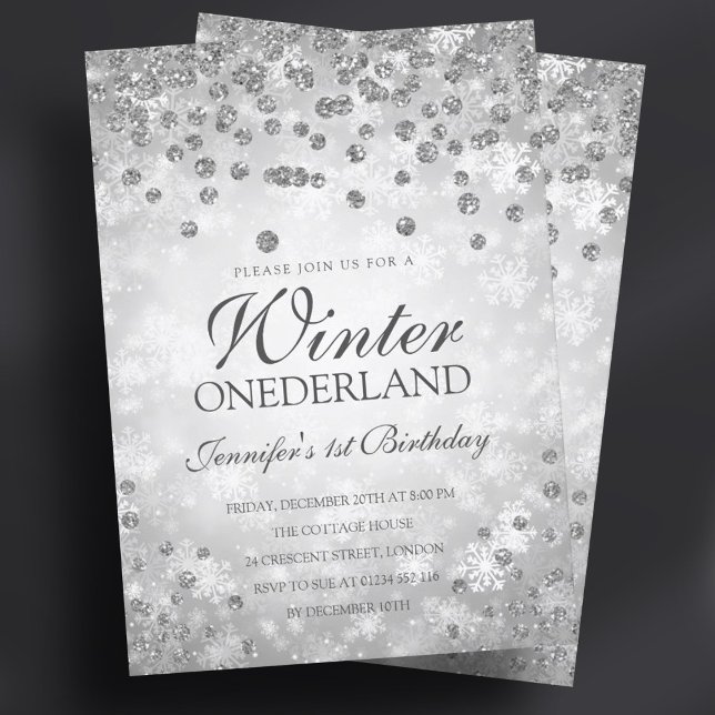 Invitation Diamants et Parties scintillant d'hiver en argent  (Silver Winter Diamonds & Glitter | 1st Birthday Invitation)