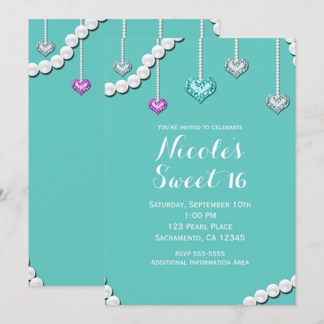 Invitation Diamants et Perles Bling Bijoux Glam Fête d'annive (Devant / Derrière)
