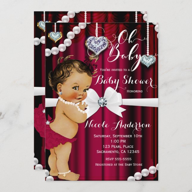 Invitation Diamants et perles Rouge Glamor Baby shower Vintag (Devant / Derrière)