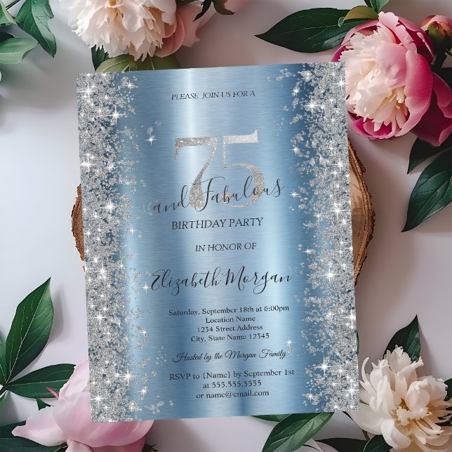 Invitation Diamants étincelants d'argent bleu 75e anniversair (Créateur téléchargé)