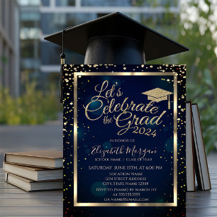 Invitation Diamants Étoiles de Cap de Remise de Diplôme Bleu 