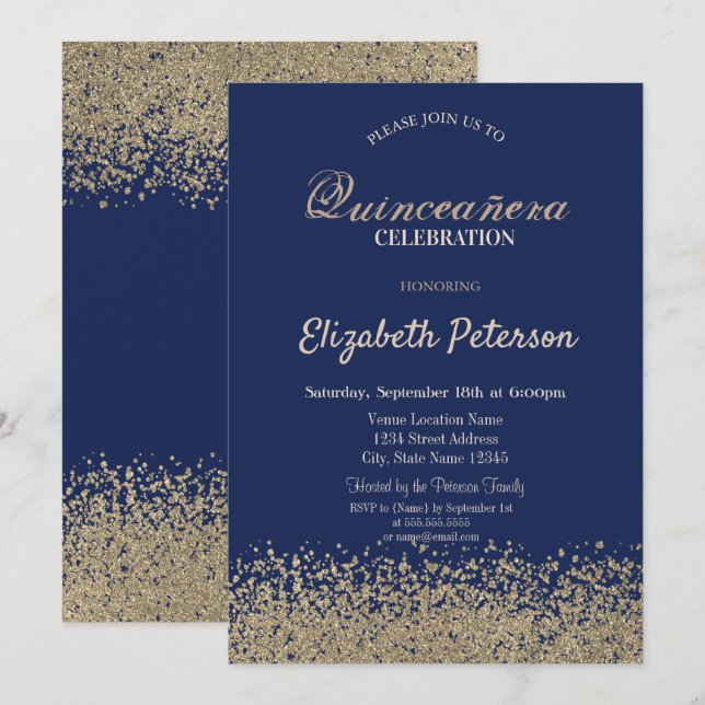 Invitation Diamants Faux Or Moderne Quinceañera (Devant / Derrière)