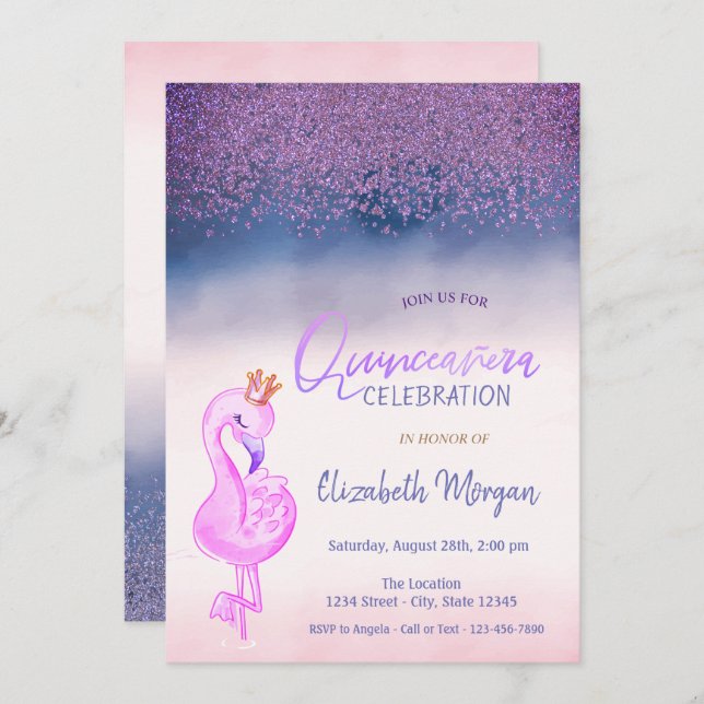 Invitation Diamants, Flamant rose rose Ombre Quinceañera (Devant / Derrière)