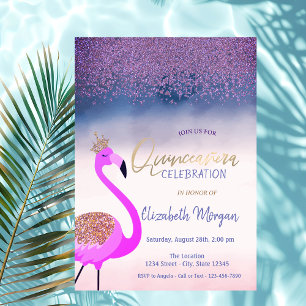 Invitation Diamants, Flamant rose rose Ombre Quinceañera