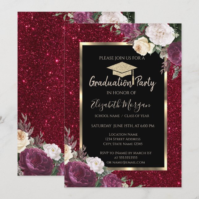 Invitation Diamants Fleurs Bourgogne Paillettes Rouges Remise (Devant / Derrière)