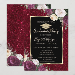 Invitation Diamants Fleurs Bourgogne Paillettes Rouges Remise