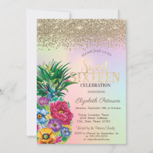 Invitation Diamants, Fleurs d'ananas Holographique Sweet 16