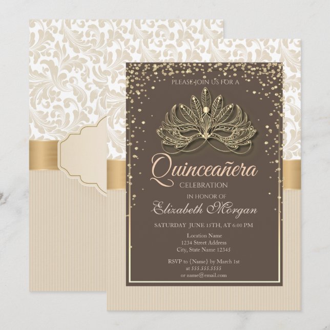 Invitation Diamants Floral Damassé Quinceañera  (Devant / Derrière)