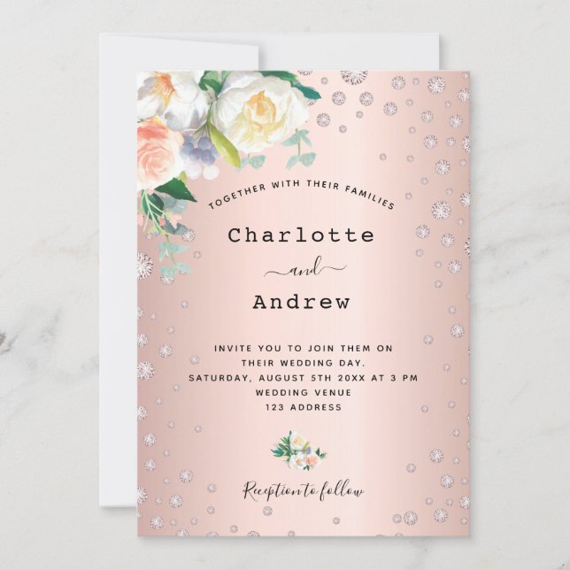 Invitation diamants floraux brun or rose glamour mariage (Devant)