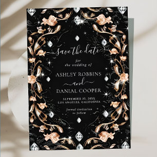 Invitation Diamants Floraux Noirs De Luxe Économisez La Date