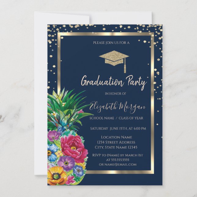 Invitation Diamants Gold Grad Casquette Ananas Marine Bleu (Devant)