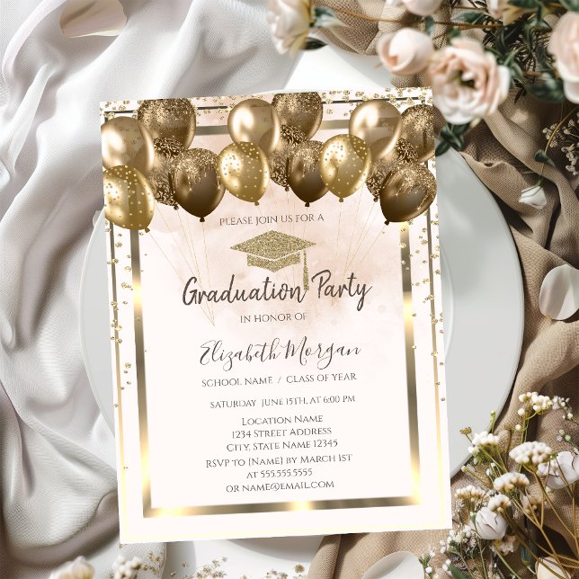 Invitation Diamants Gold Grad Casquette Ballons Cream Graduat (Créateur téléchargé)