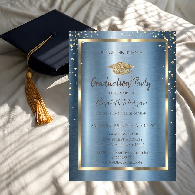 Invitation Diamants Gold Grad Casquette Blue Metallic Graduat (Créateur téléchargé)