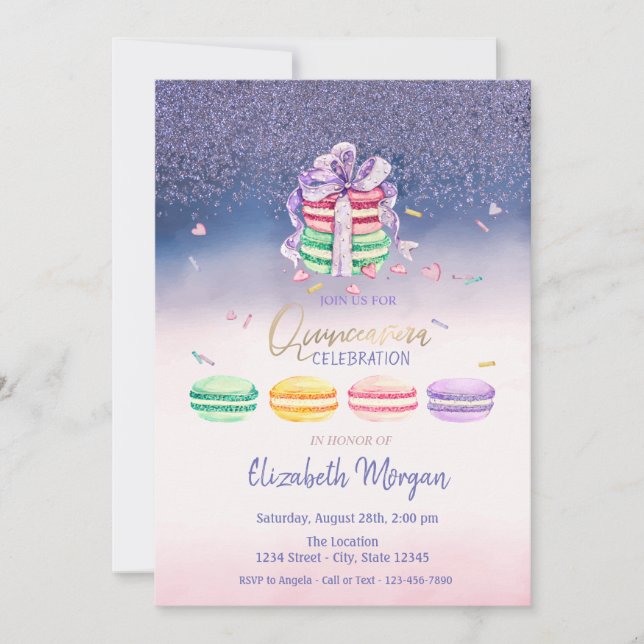 Invitation Diamants, Macarons français ombrés pour fête de Qu (Devant)